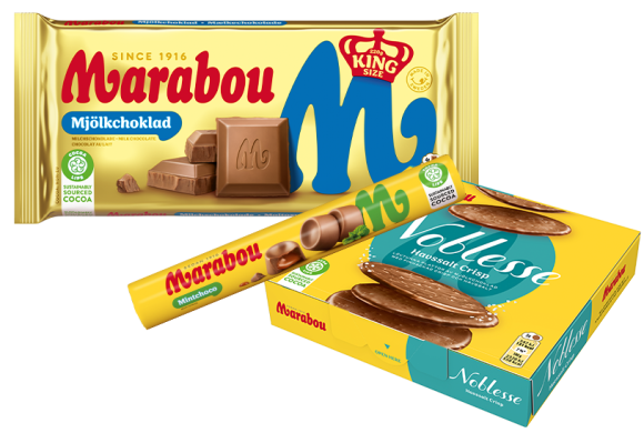 Drei Marabou-Schokoladenprodukten: King-Size Tafel Vollmilch in goldener Verpackung, Mint-Schoko-Rolle und Noblesse Havssalt Crisp in gelben Verpackungen.